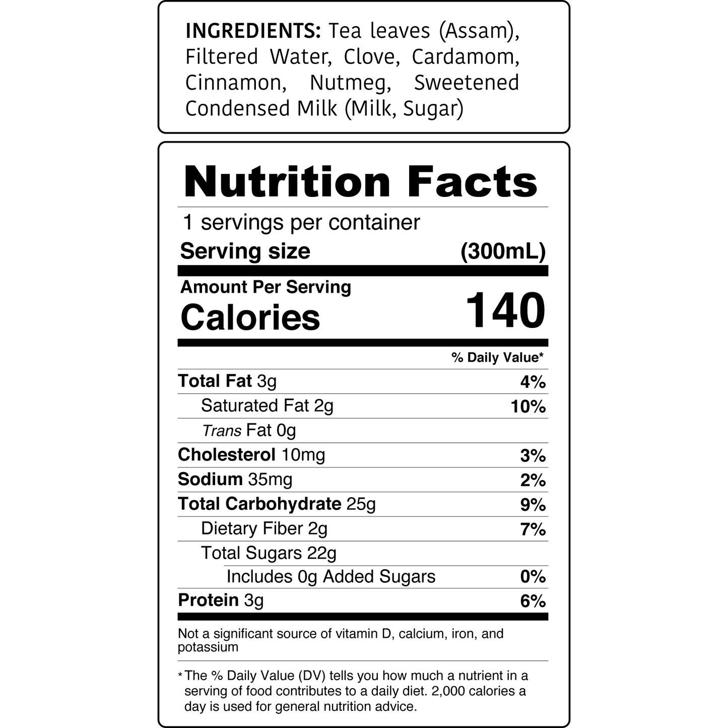 Kimbala Chai Assamica nutrition label for a 10.2oz bottle