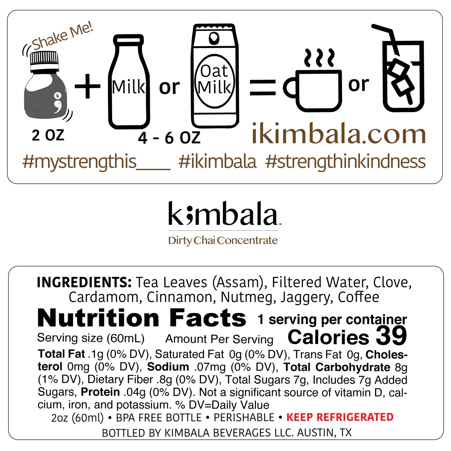 Kimbala dirty chai concentrate nutrition facts for 2oz bottle